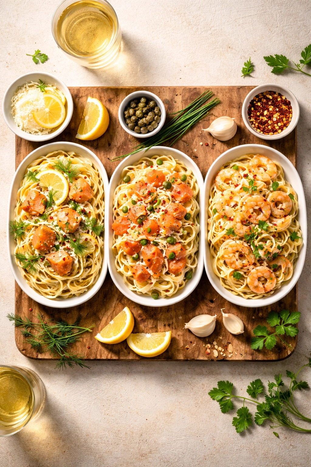 Three variation plates of salmon pasta on a wooden board