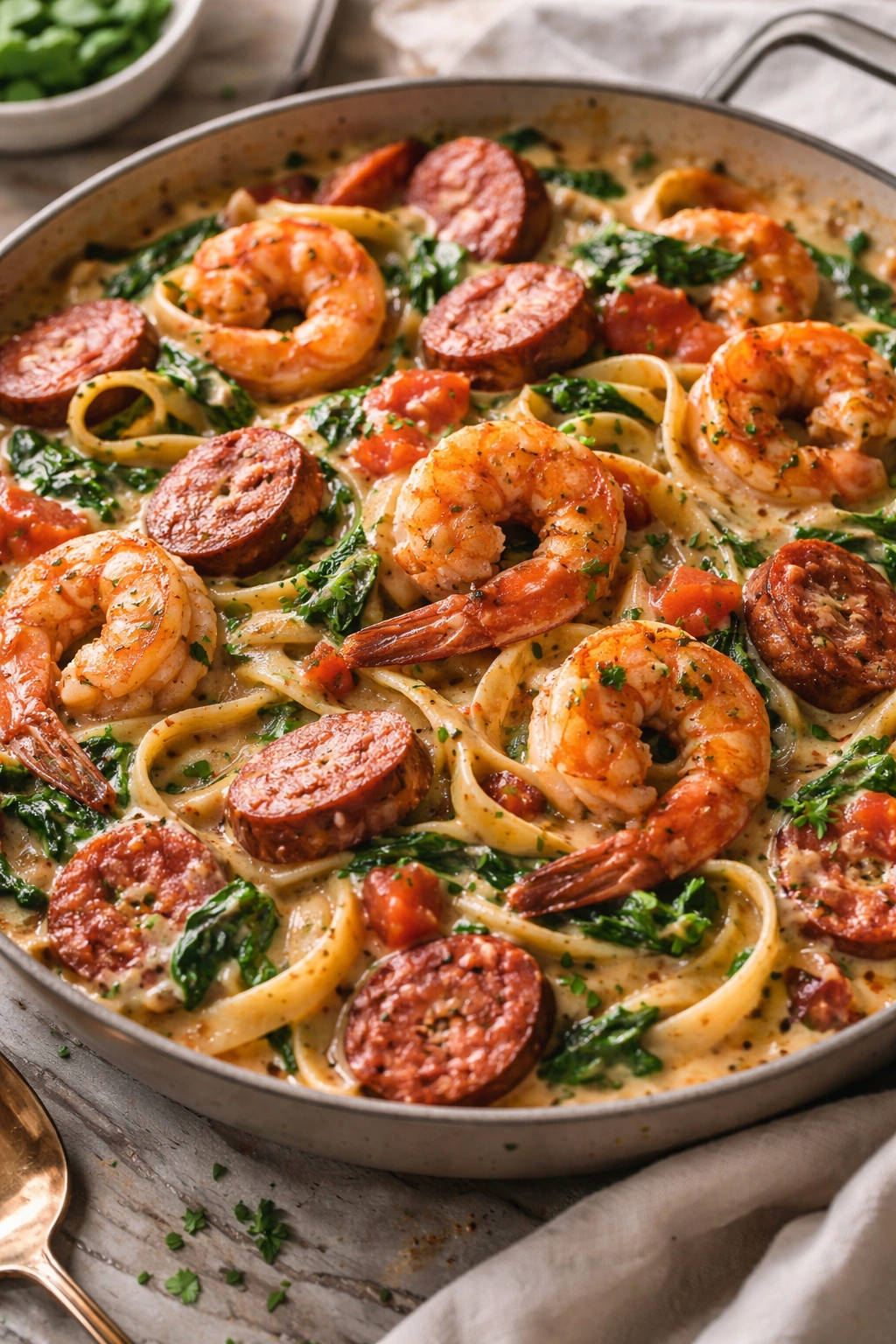 Cajun shrimp pasta with sausage and spinach variations on a plate