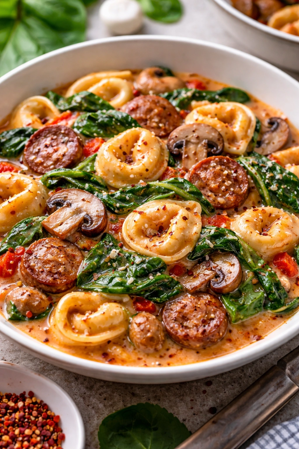 Pasta plated with spinach and mushrooms as variations.