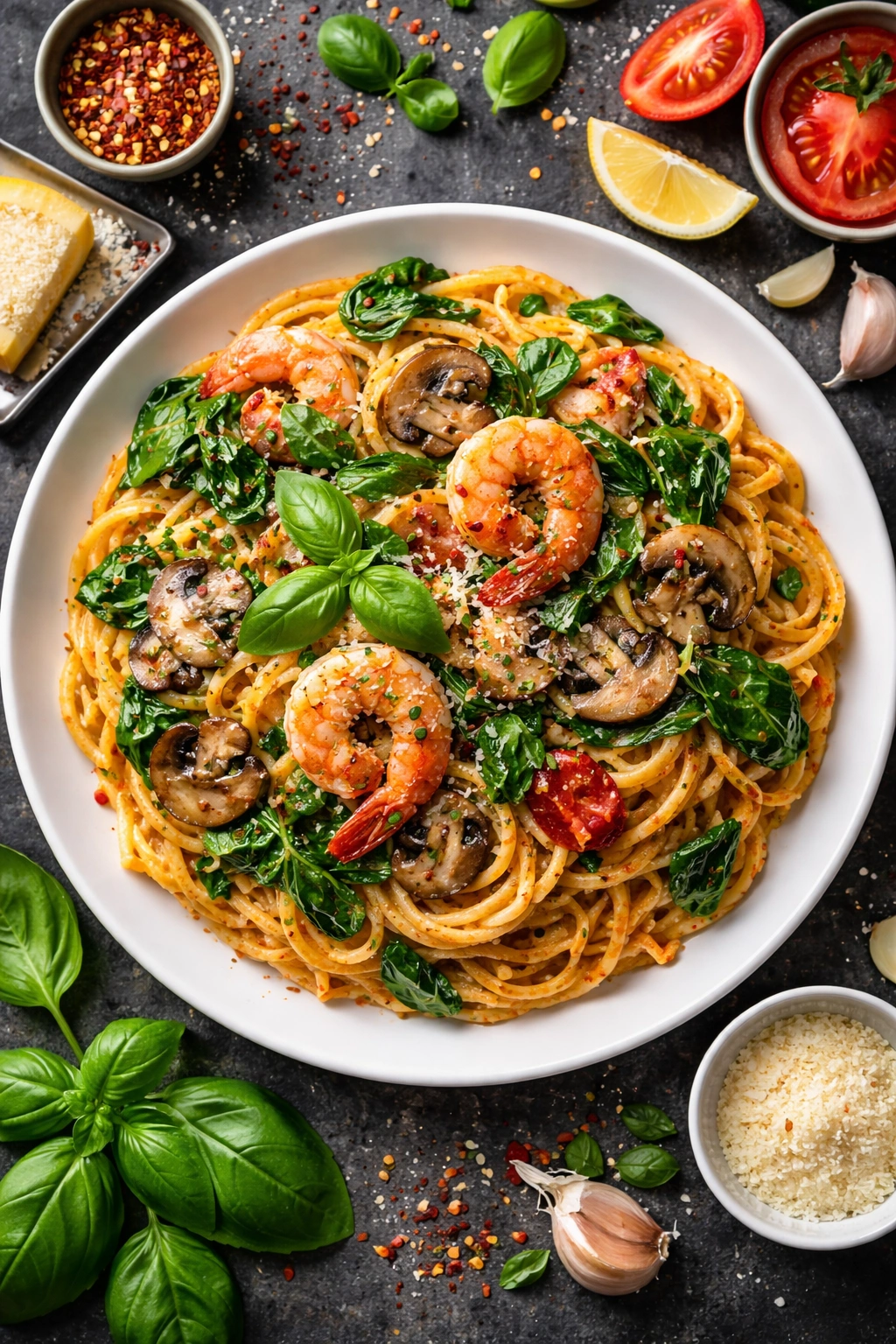 Plate of pasta with spinach, mushrooms, and shrimp as variations