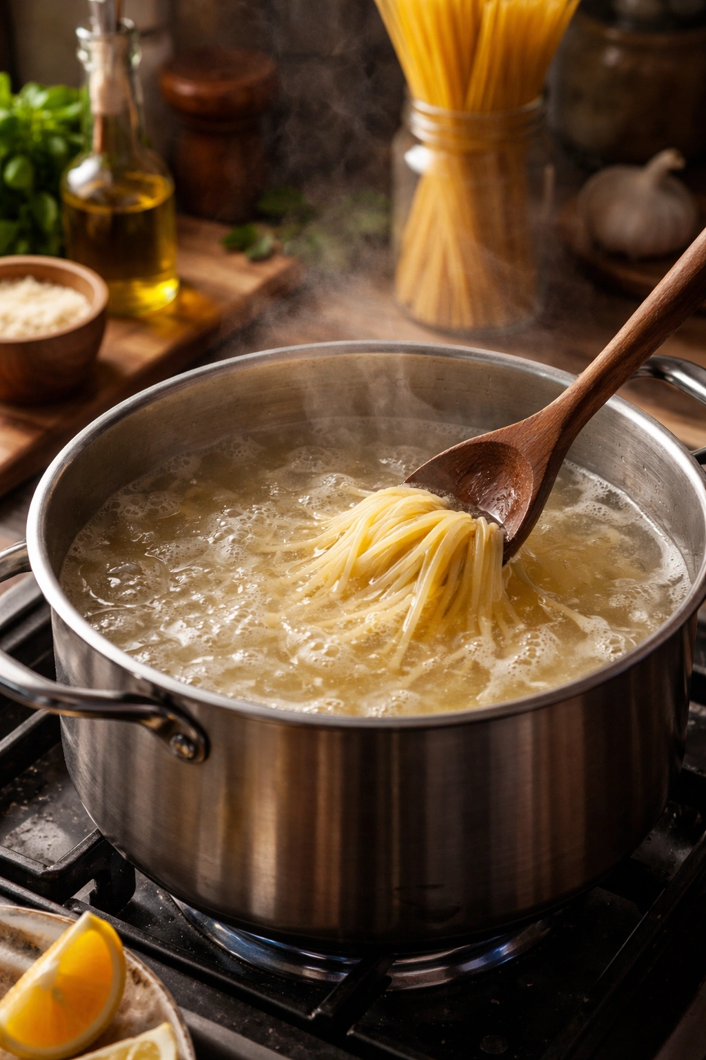 Rustic pot of starchy pasta water with steam