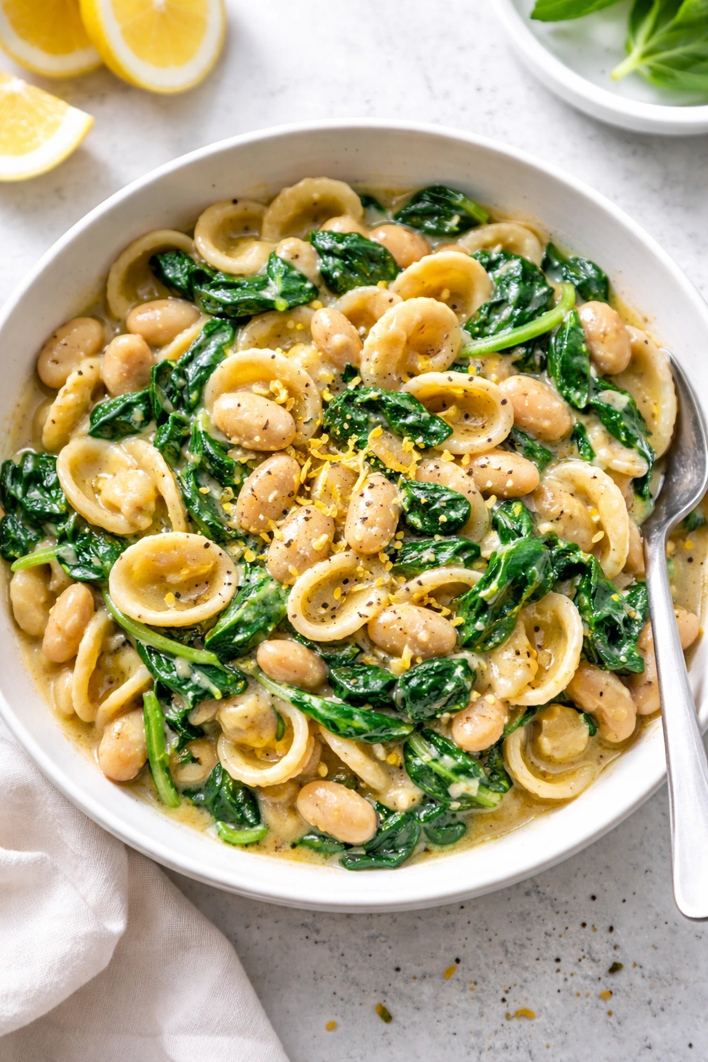 Creamy pasta with white beans and spinach in a bowl with lemon zest