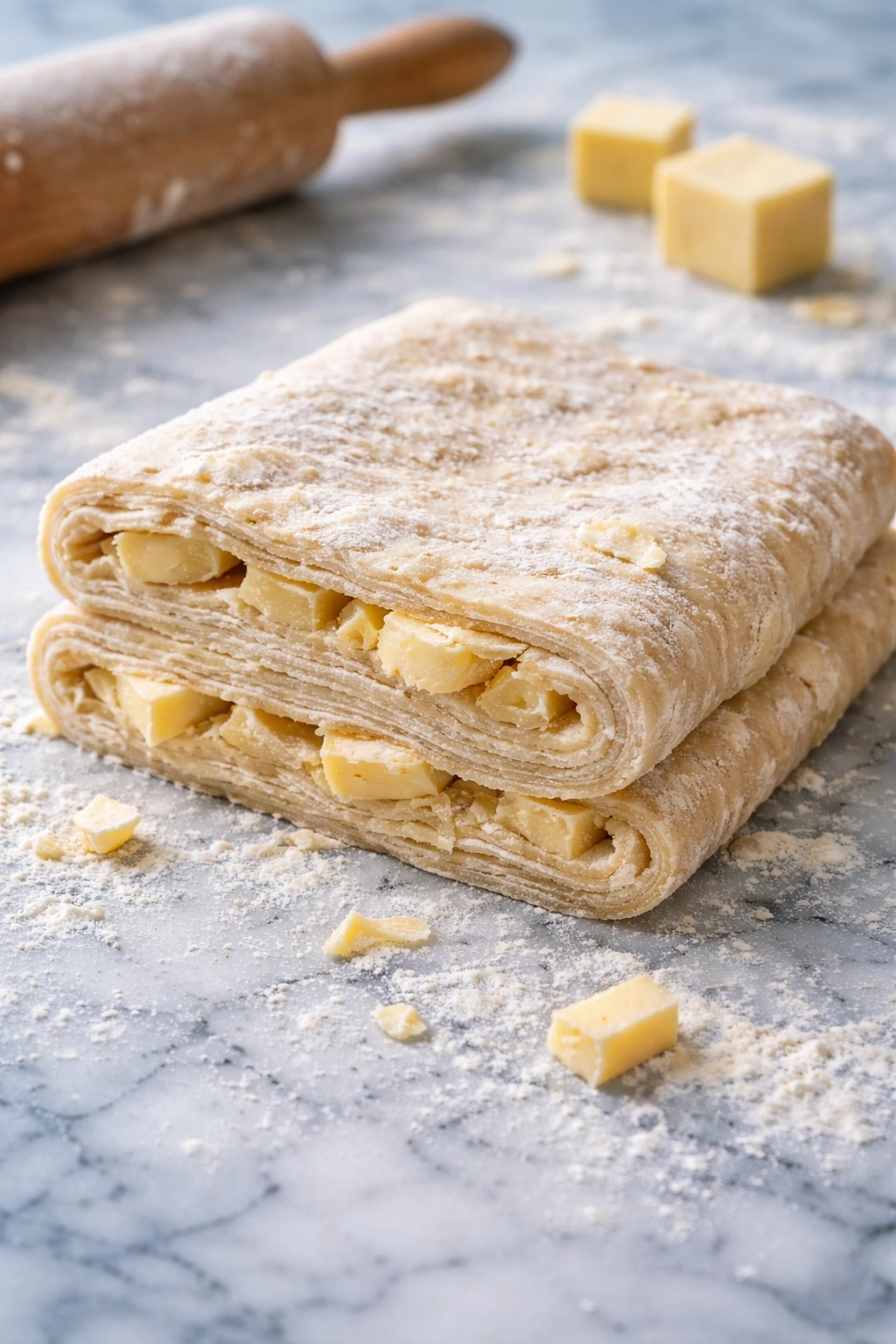 Pastry dough showing cold butter pieces for flaky layers