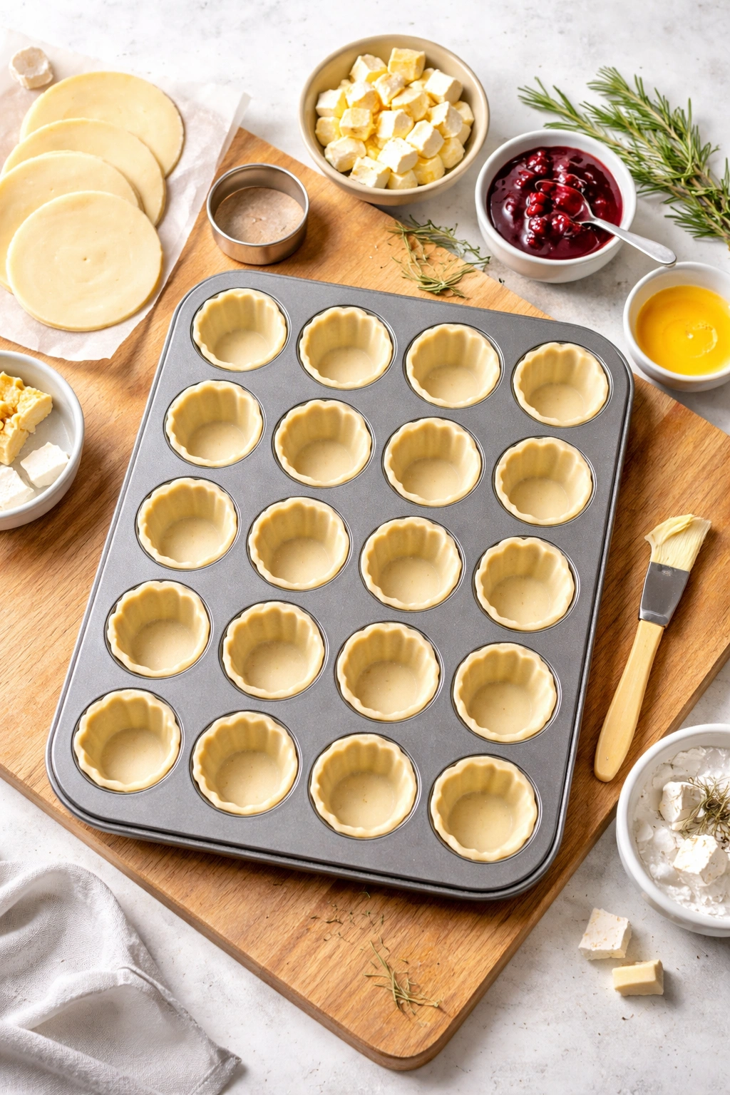 Pastry cups pressed into muffin tin ready for filling