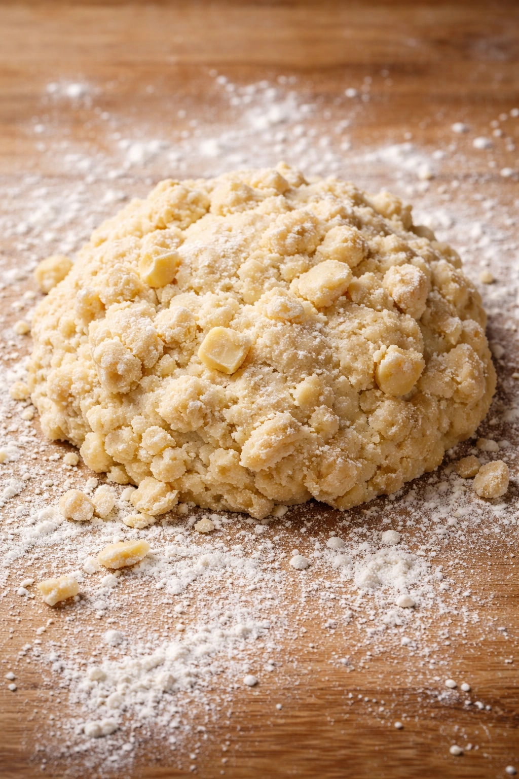 Mound of cold pastry dough with visible butter chunks on a floured surface