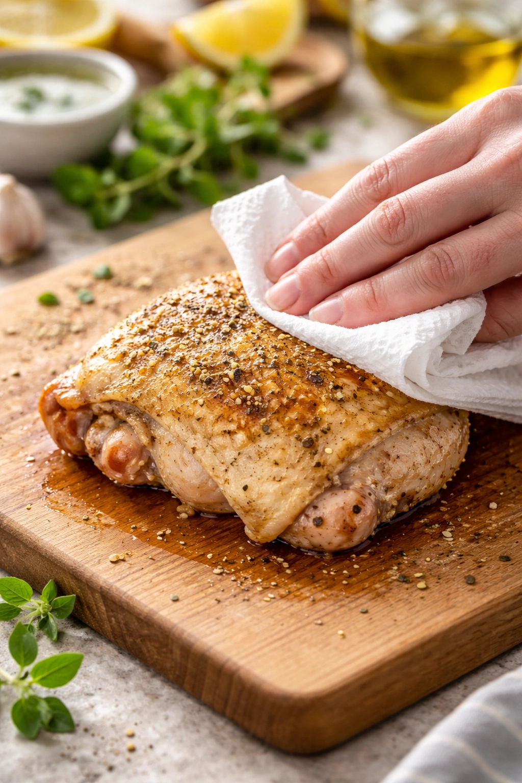 Bone-in chicken thigh being pat-dried on a cutting board