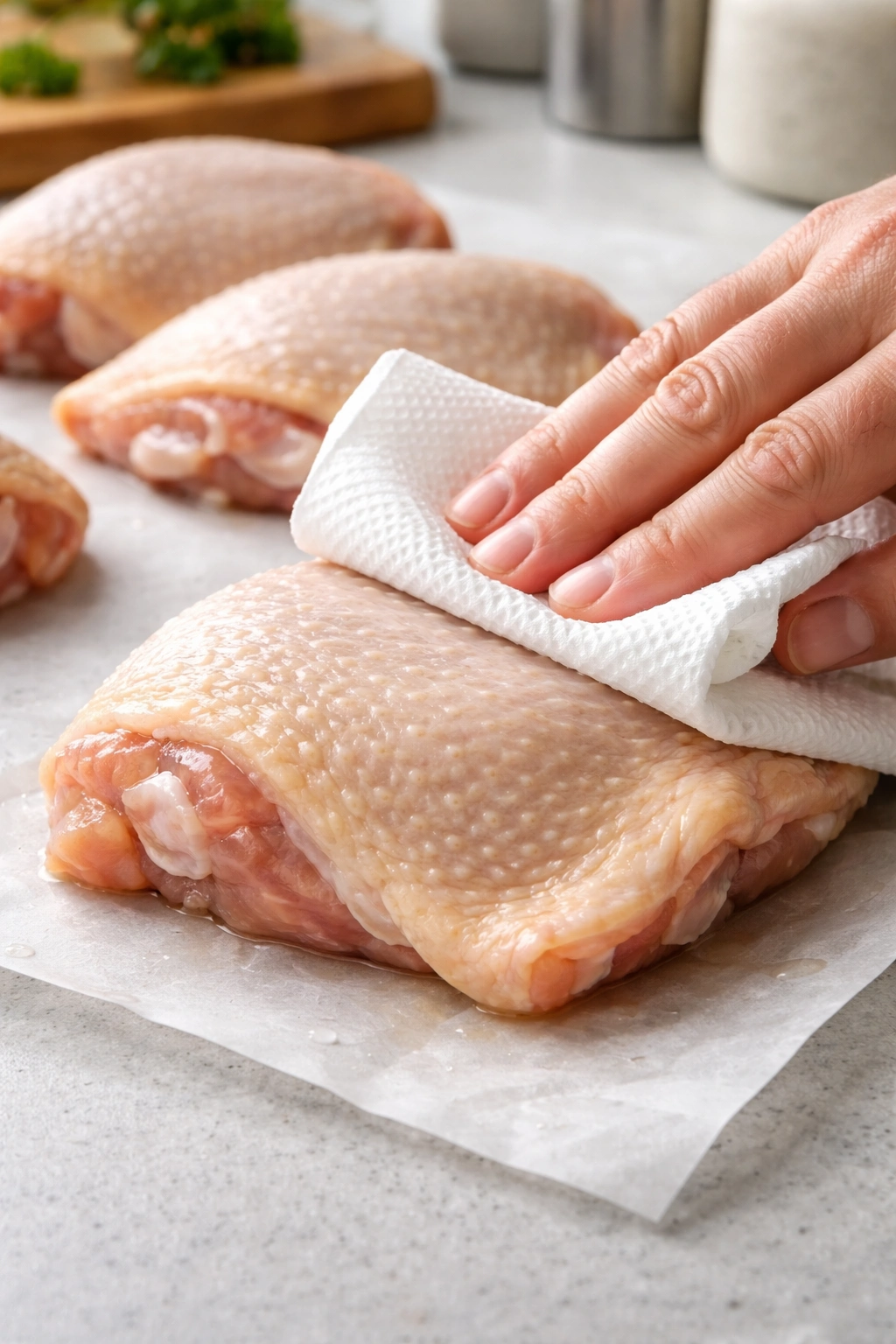 Chicken thigh being patted dry with paper towels