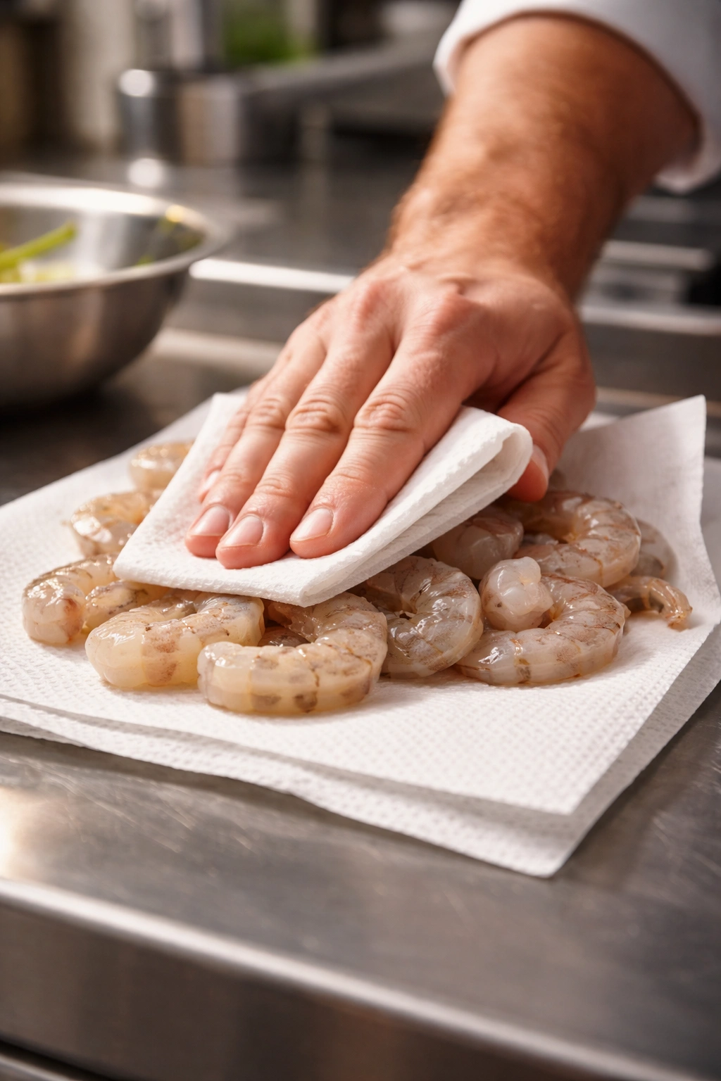 Hand patting dry shrimp on paper towel for restaurant-quality seafood salad