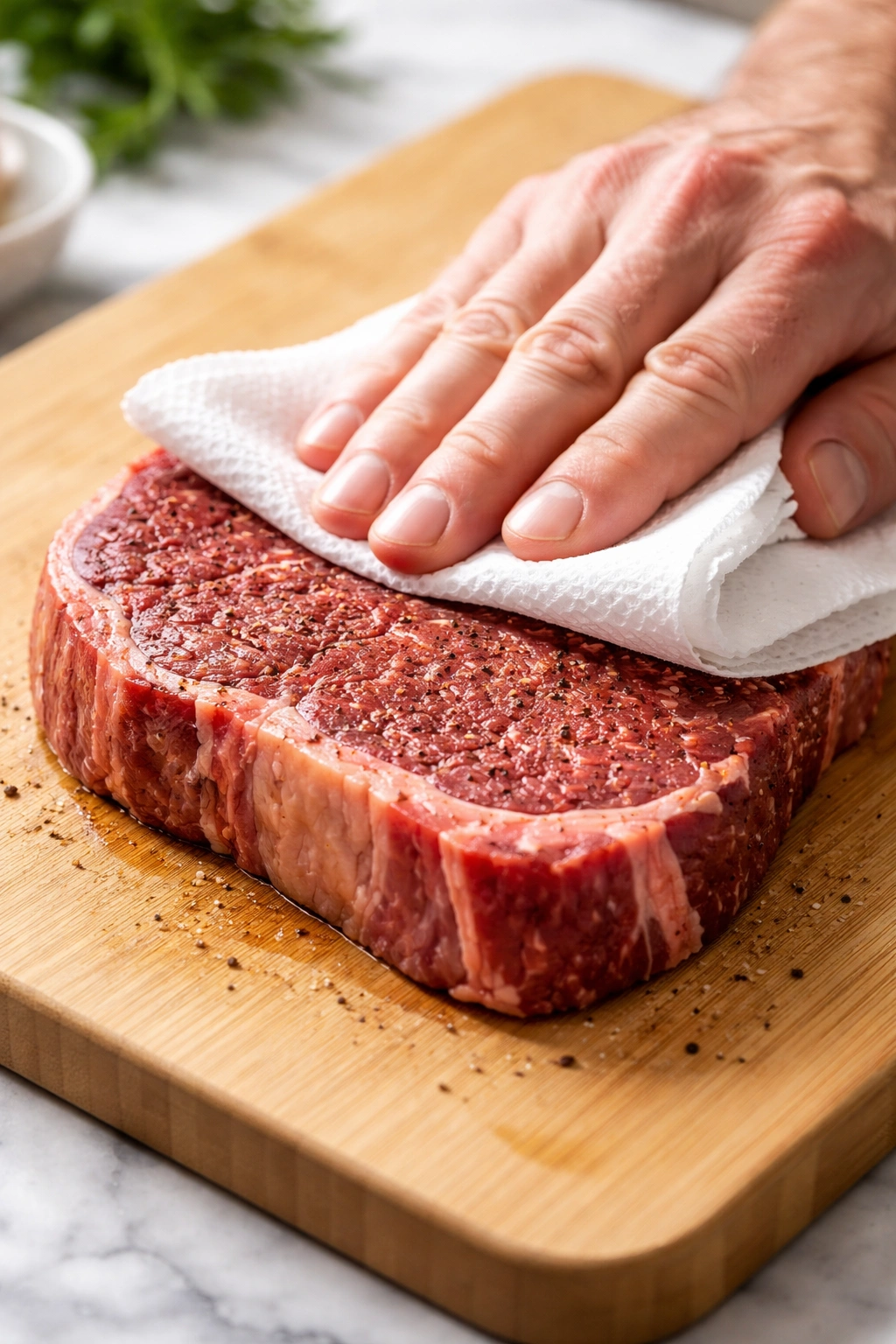 Steak being patted dry with paper towel on cutting board