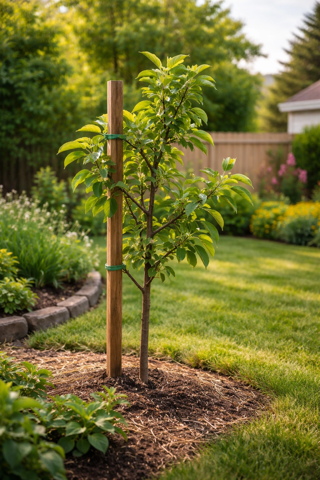 Young fruit tree supported by a stake in a garden
