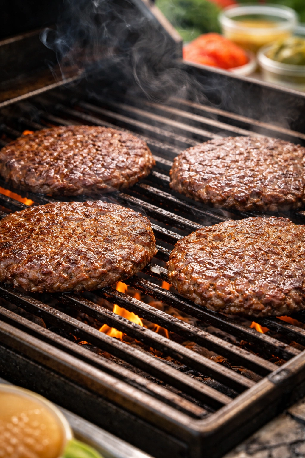 Thin beef patties sizzling on a grill with a crust forming