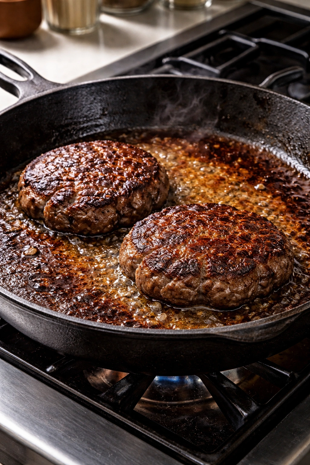 Hamburger patties searing in a pan with a golden crust
