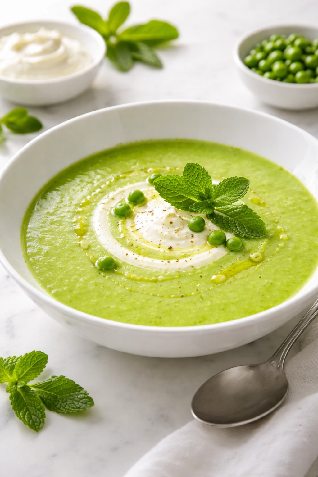 Bright green chilled pea soup with creme fraiche and mint
