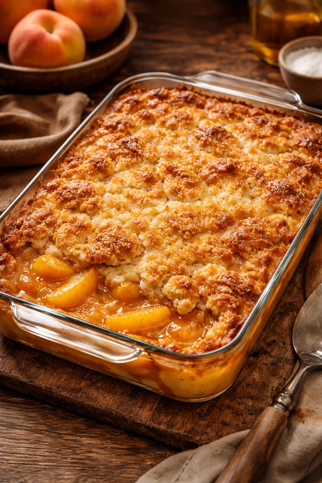 Close-up of Classic Peach Cobbler Dump Cake in a glass dish with a golden crust and bubbling peach filling