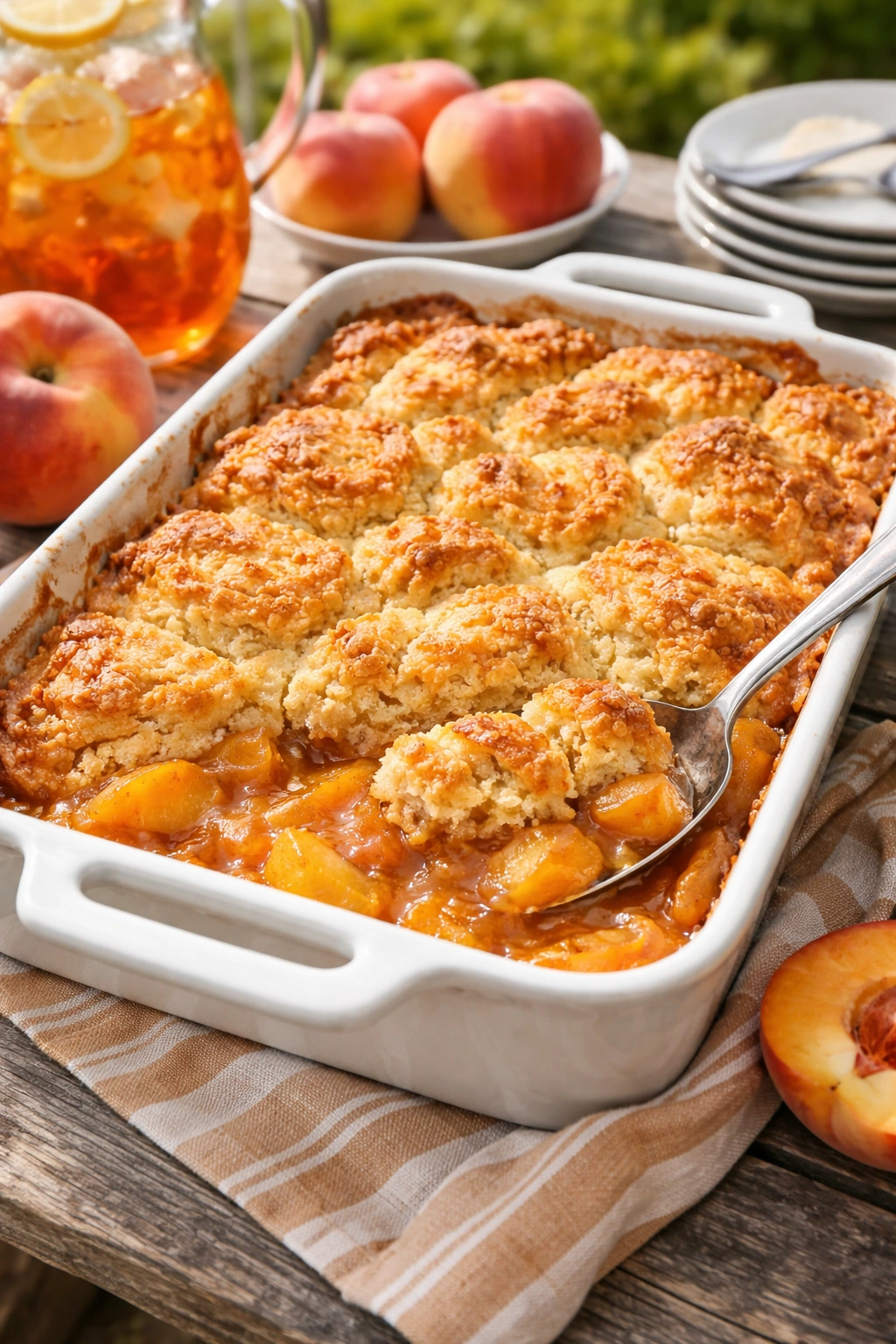 Peach cobbler in a baking dish on a rustic outdoor table