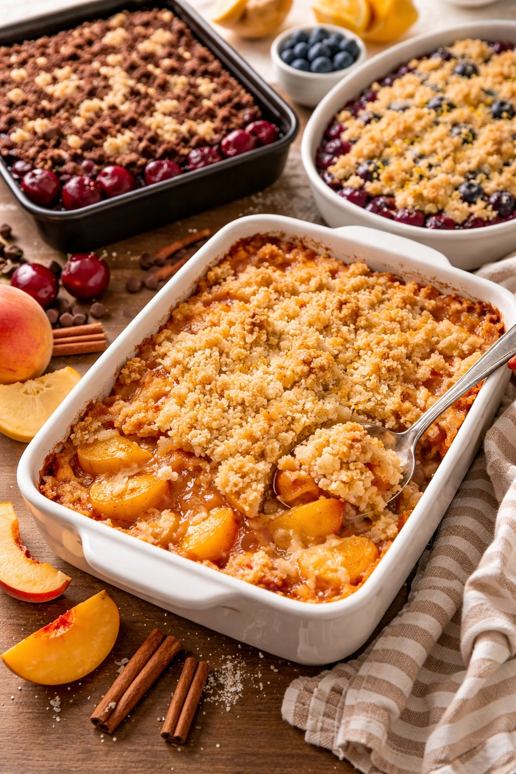 Peach cobbler with vanilla cake mix showing peach slices under a golden crust