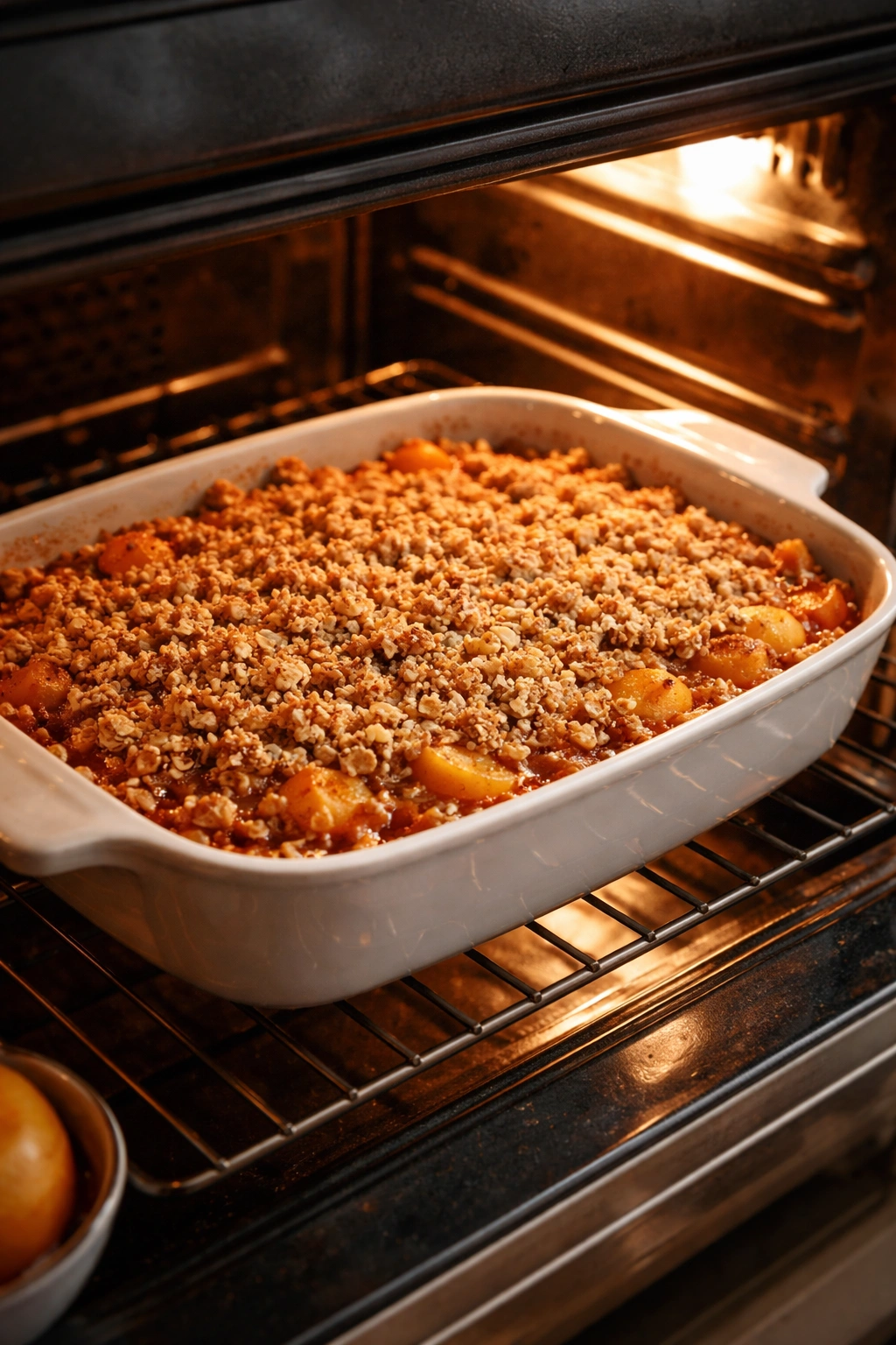 Peach crisp baking in the oven with a golden top
