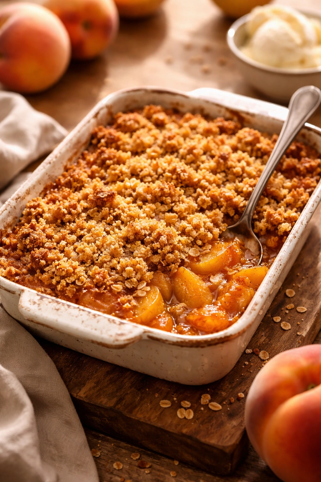 Close up of a golden peach crisp in a rustic dish with caramelized topping and visible peach filling