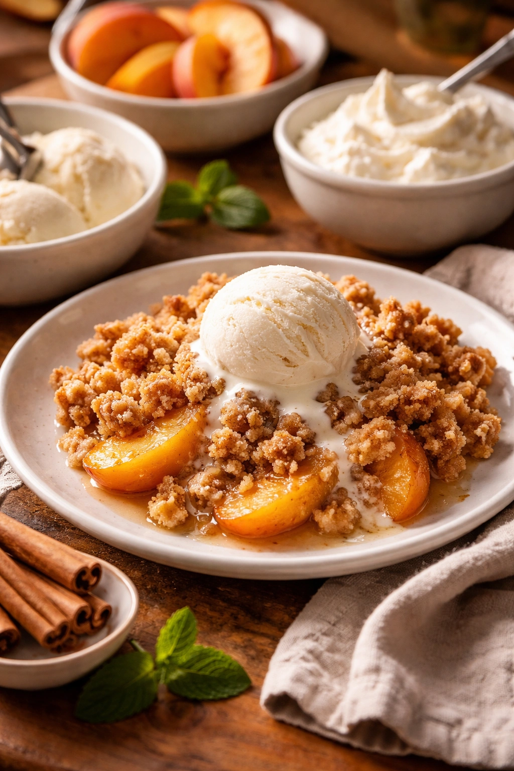 Peach crisp with vanilla ice cream serving suggestion