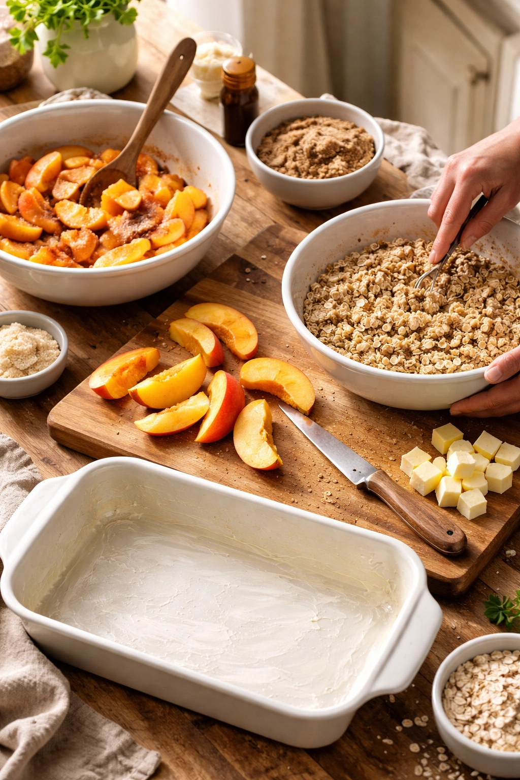 Hands preparing peaches and crumble components for baking