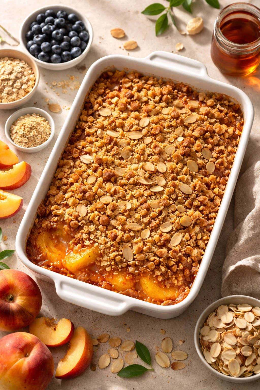 Peach crisp with almond crumble topping and visible peach filling