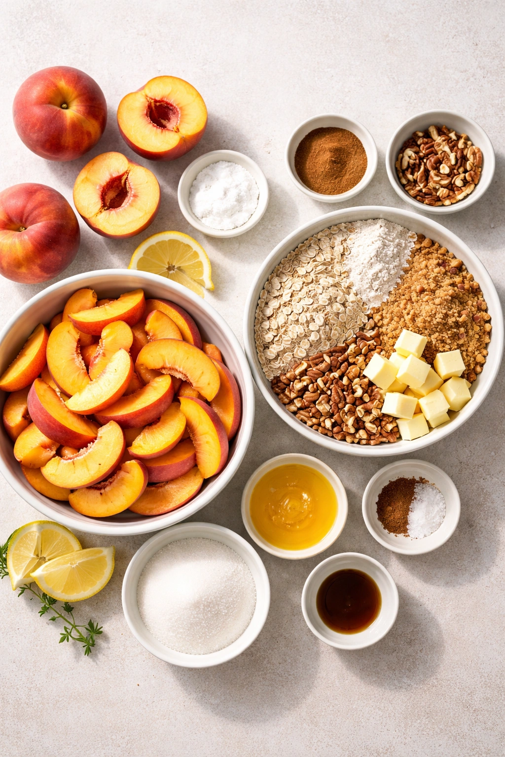 Top-down view of peach filling and crumble topping ingredients