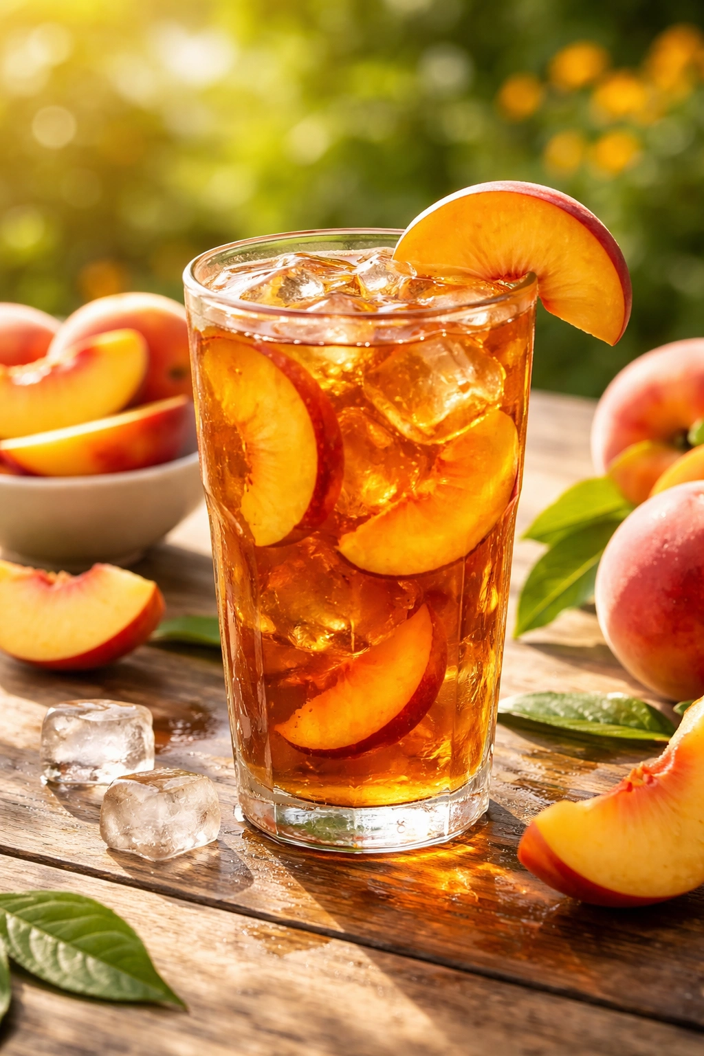 Peach iced tea with peach slices in a glass