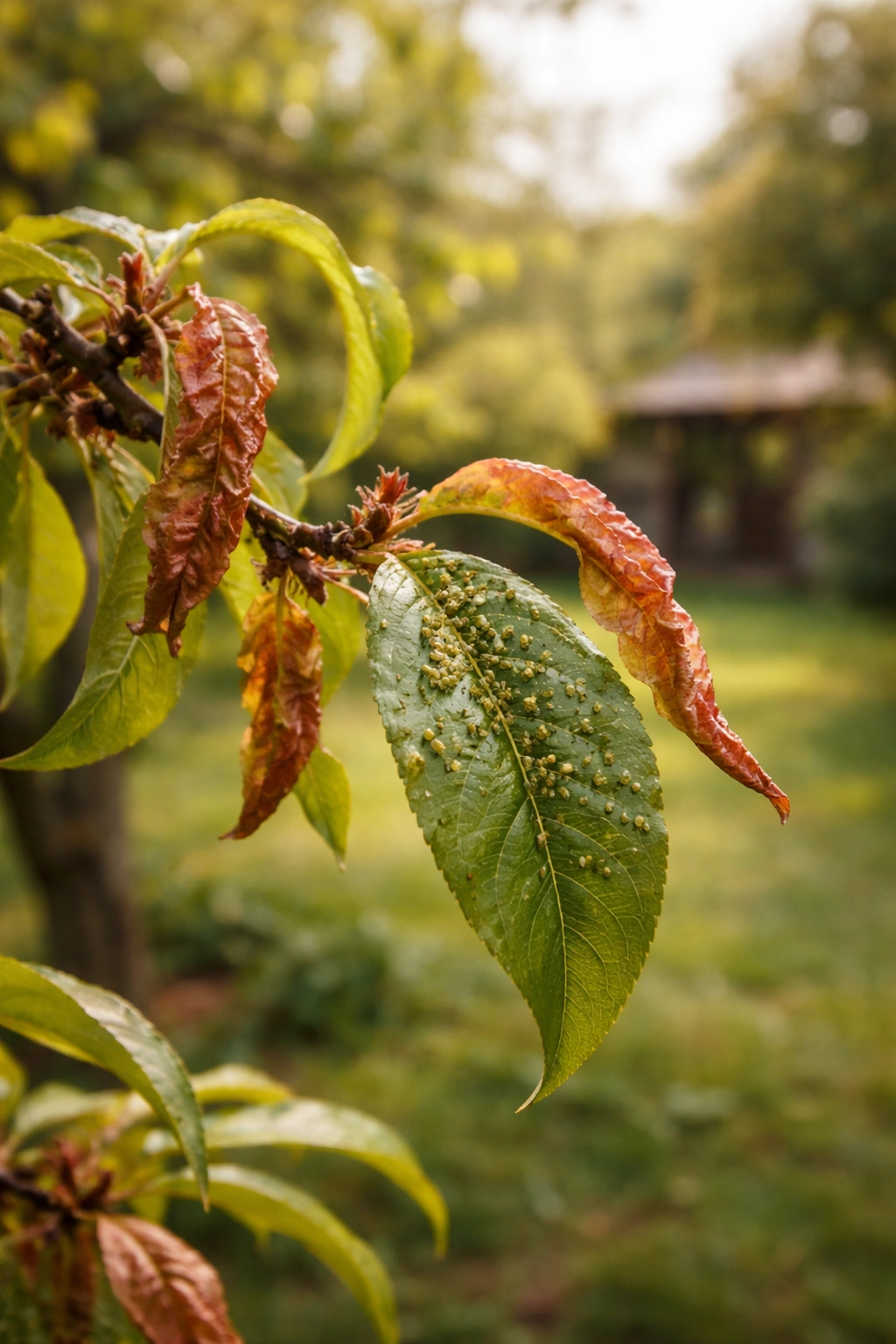 Peach leaf curl on a branch in a backyard garden