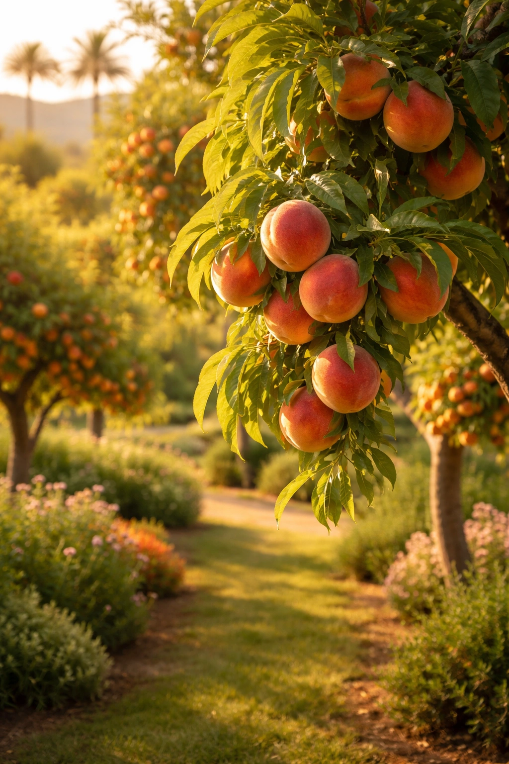 Peach tree with ripe peaches in a sunlit garden.