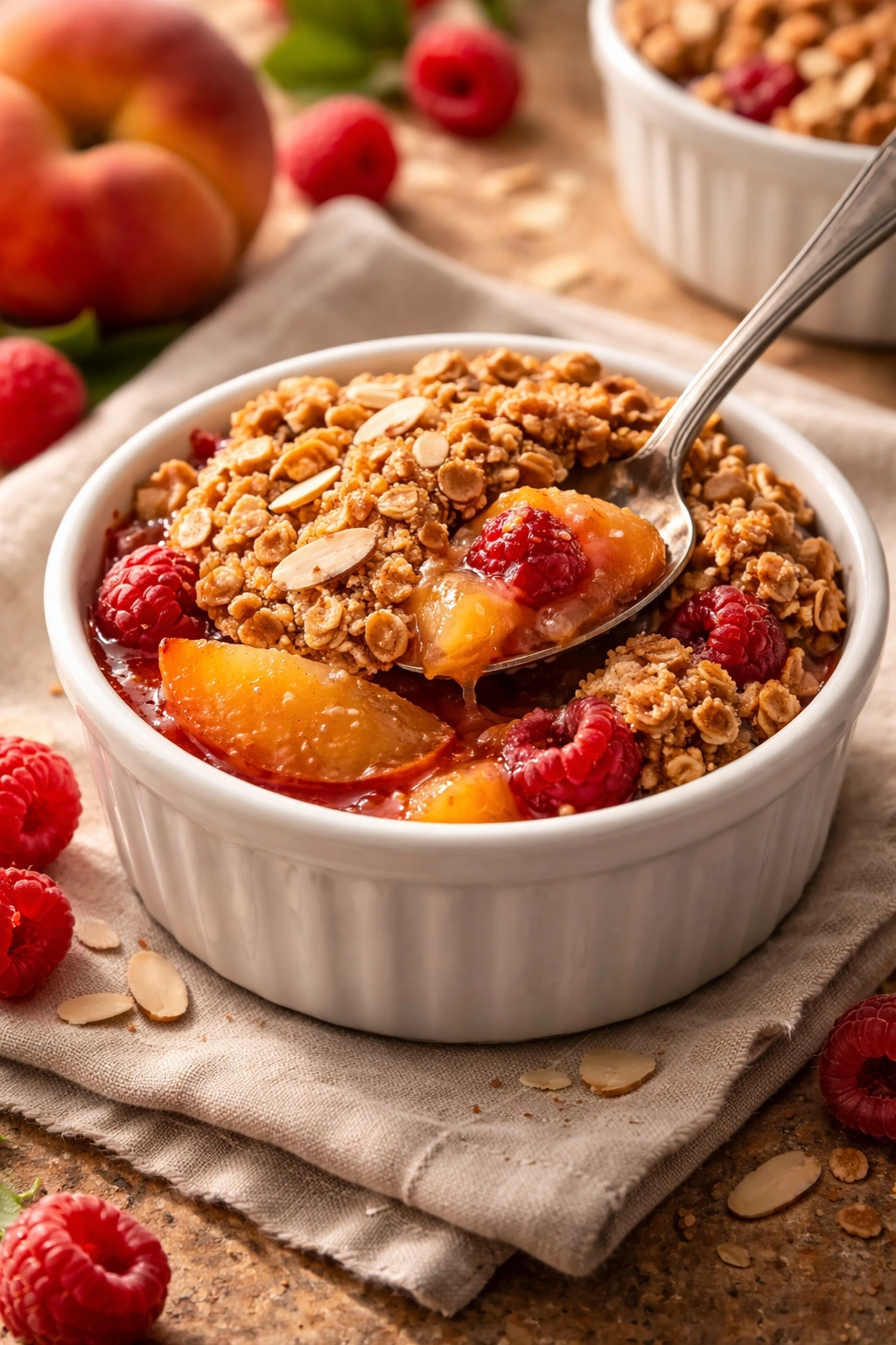 Peach and raspberry crisp in a small dish with almond topping