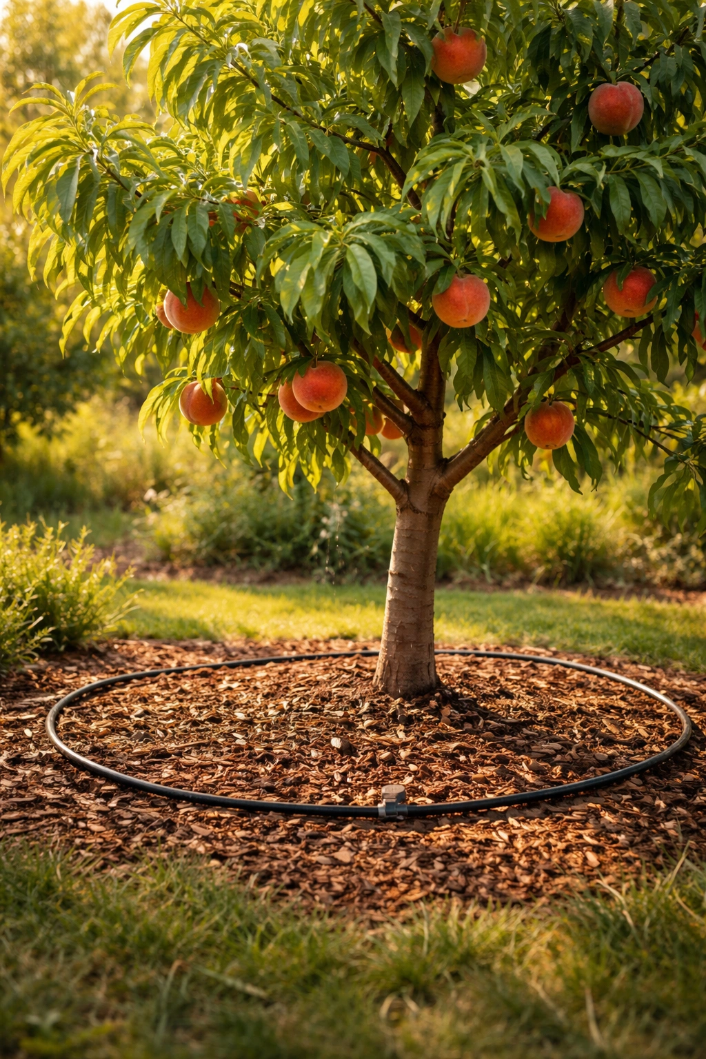Peach tree with mulch and irrigation tubing in a sunlit garden