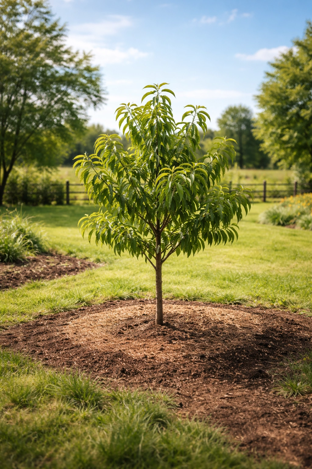 Young peach tree in open sunny garden location