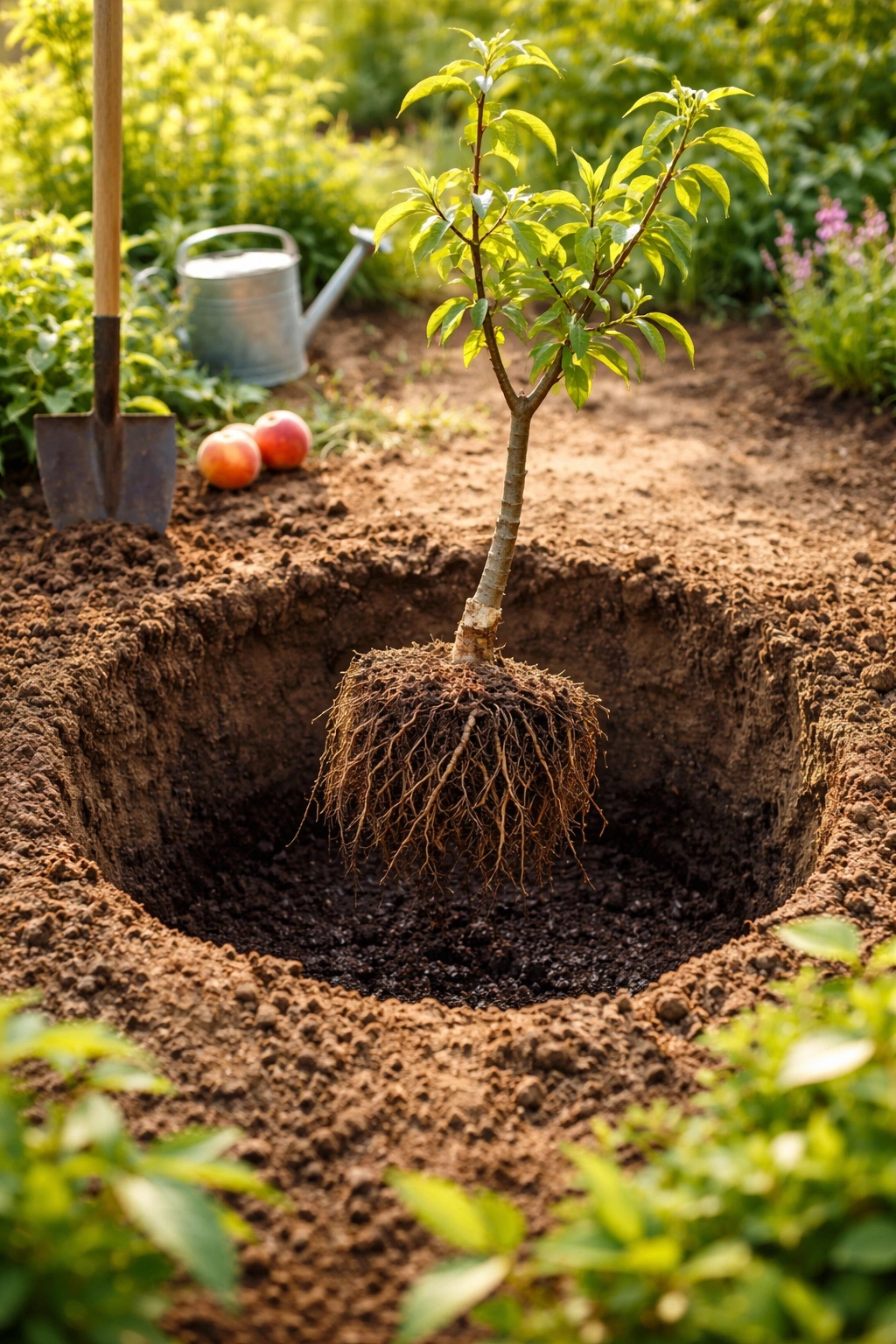 Bare-root peach tree root ball over planting hole in soil