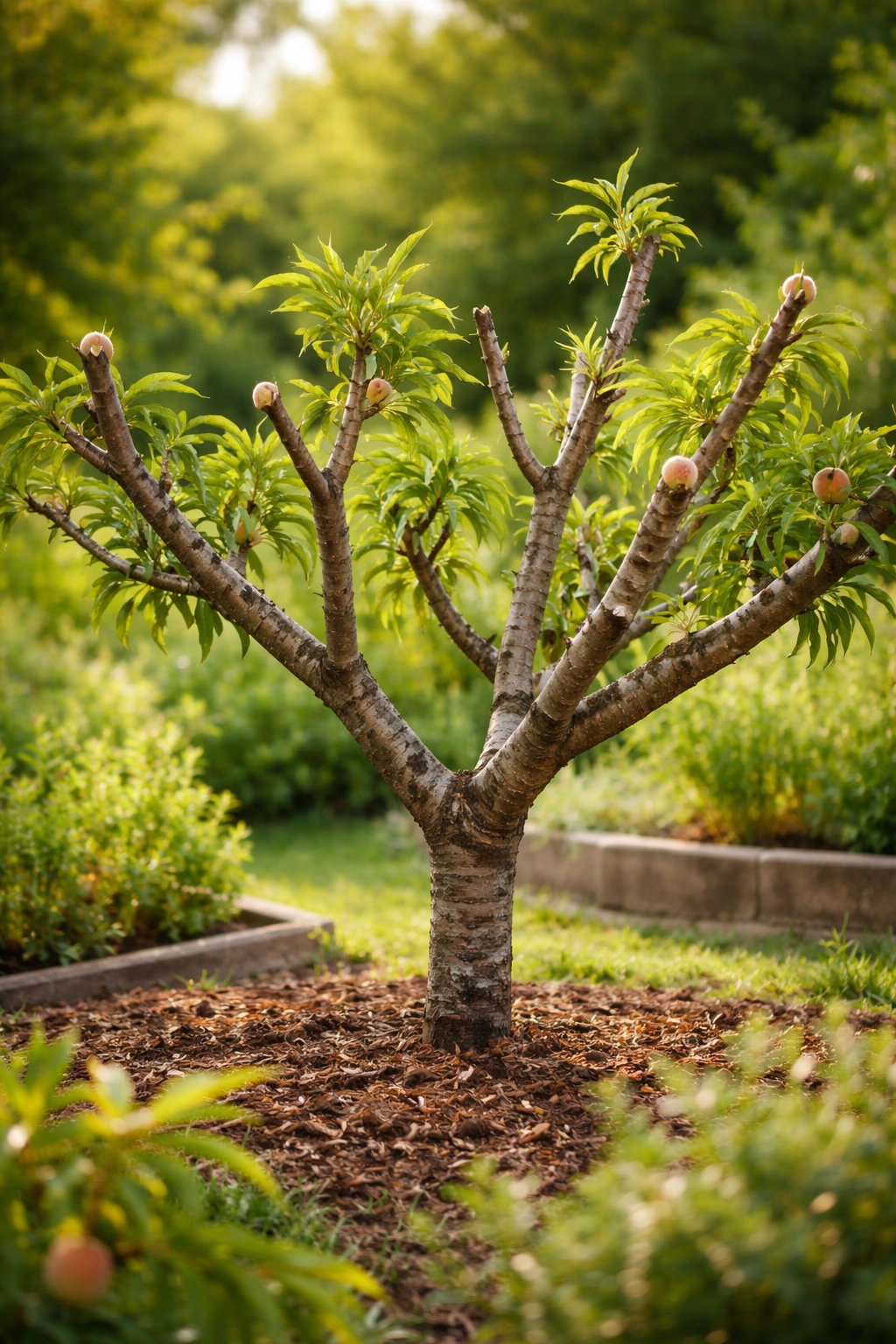 Pruned peach tree branch with new growth and clean cuts