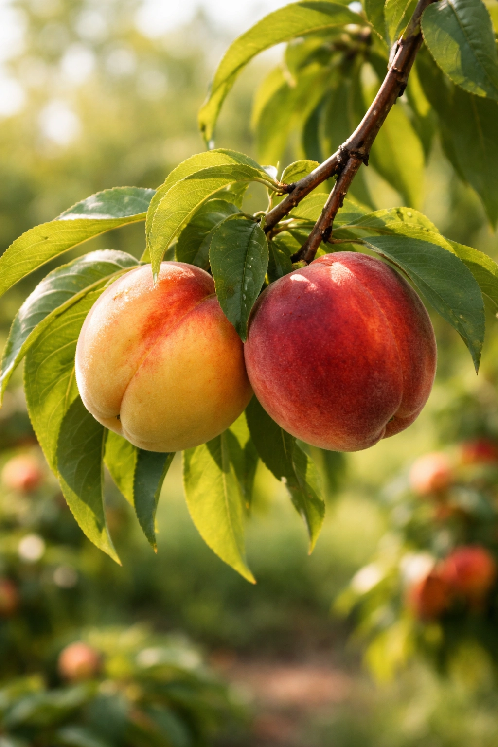 Branch with peaches of different colors indicating variety choices