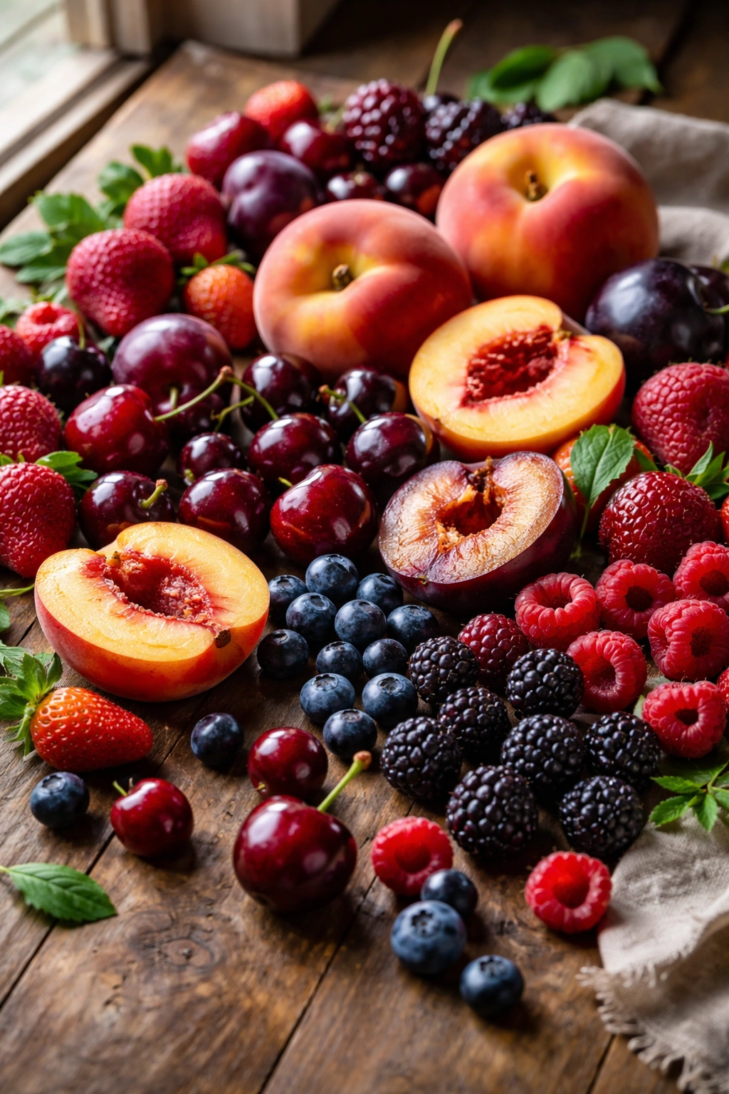 Assorted peaches cherries plums and berries on a rustic surface