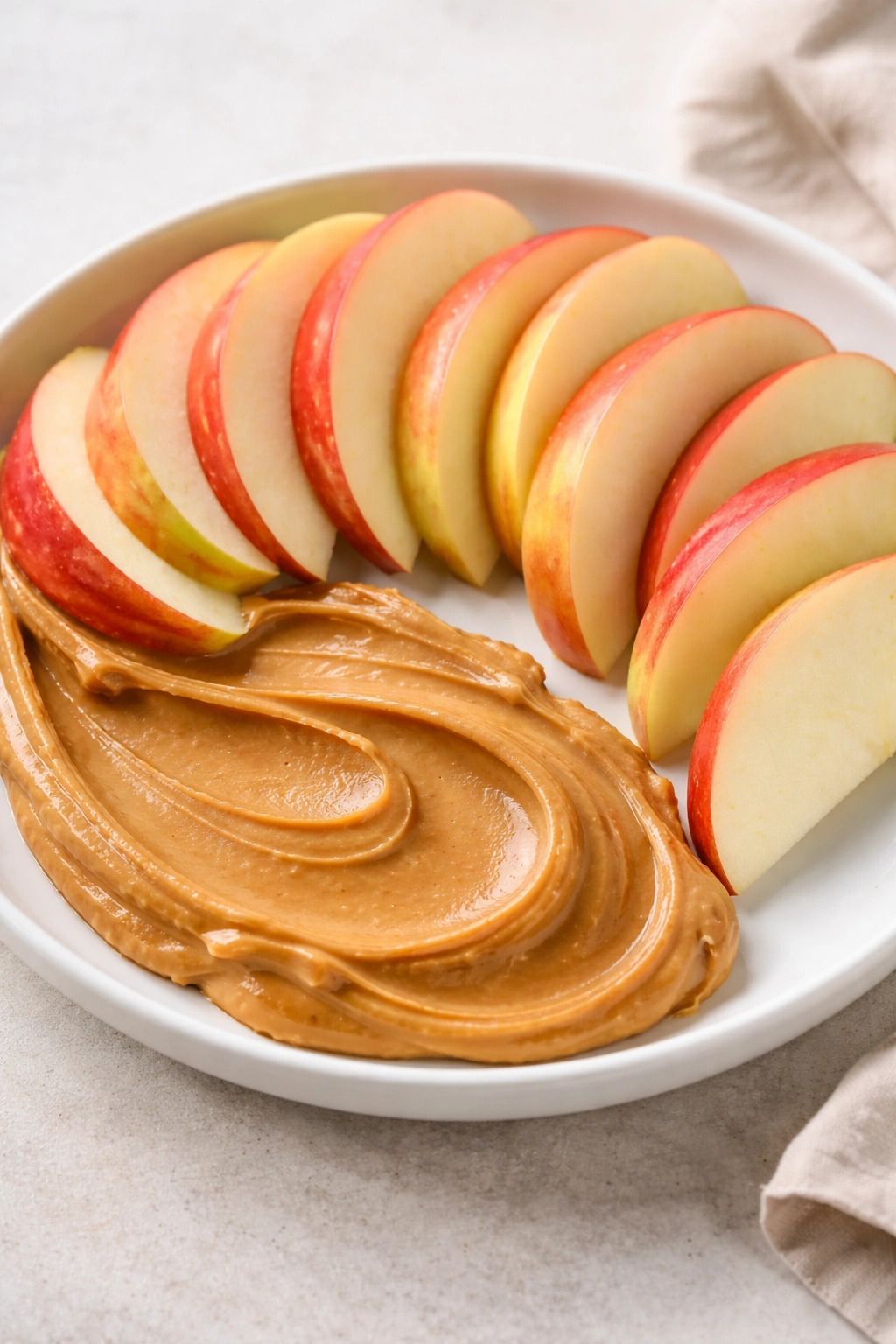Apple slices with peanut butter arranged on a plate