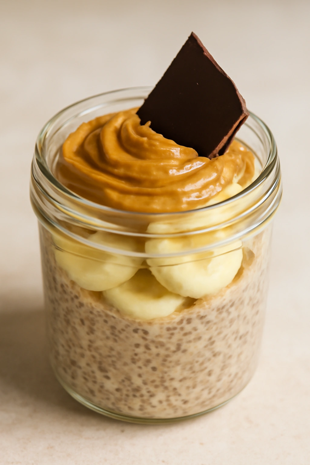 Creamy peanut butter banana chia pudding with banana and dark chocolate