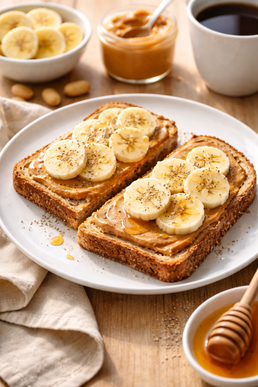 Two slices of toast with peanut butter and banana slices on a plate