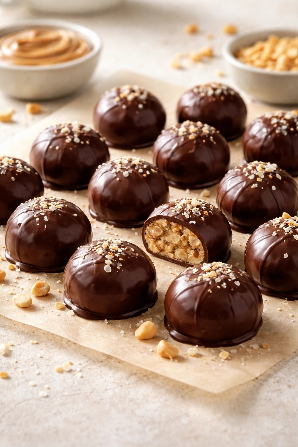 Chocolate peanut butter bites on parchment