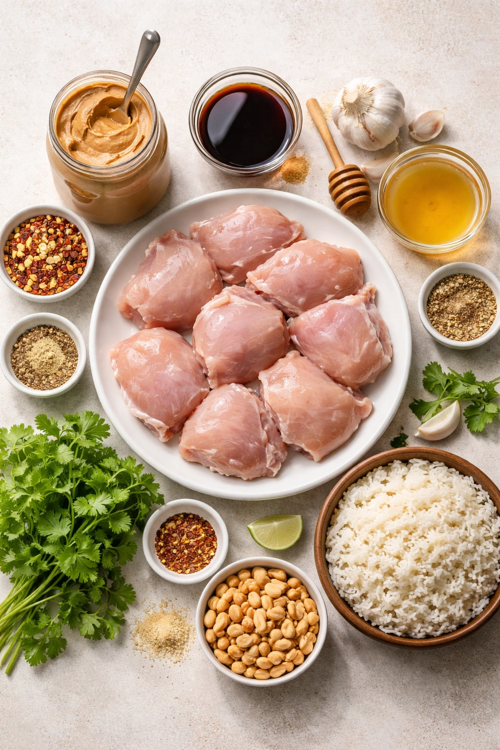 Flat lay of ingredients for peanut butter chicken including peanut butter, soy sauce, garlic and honey.