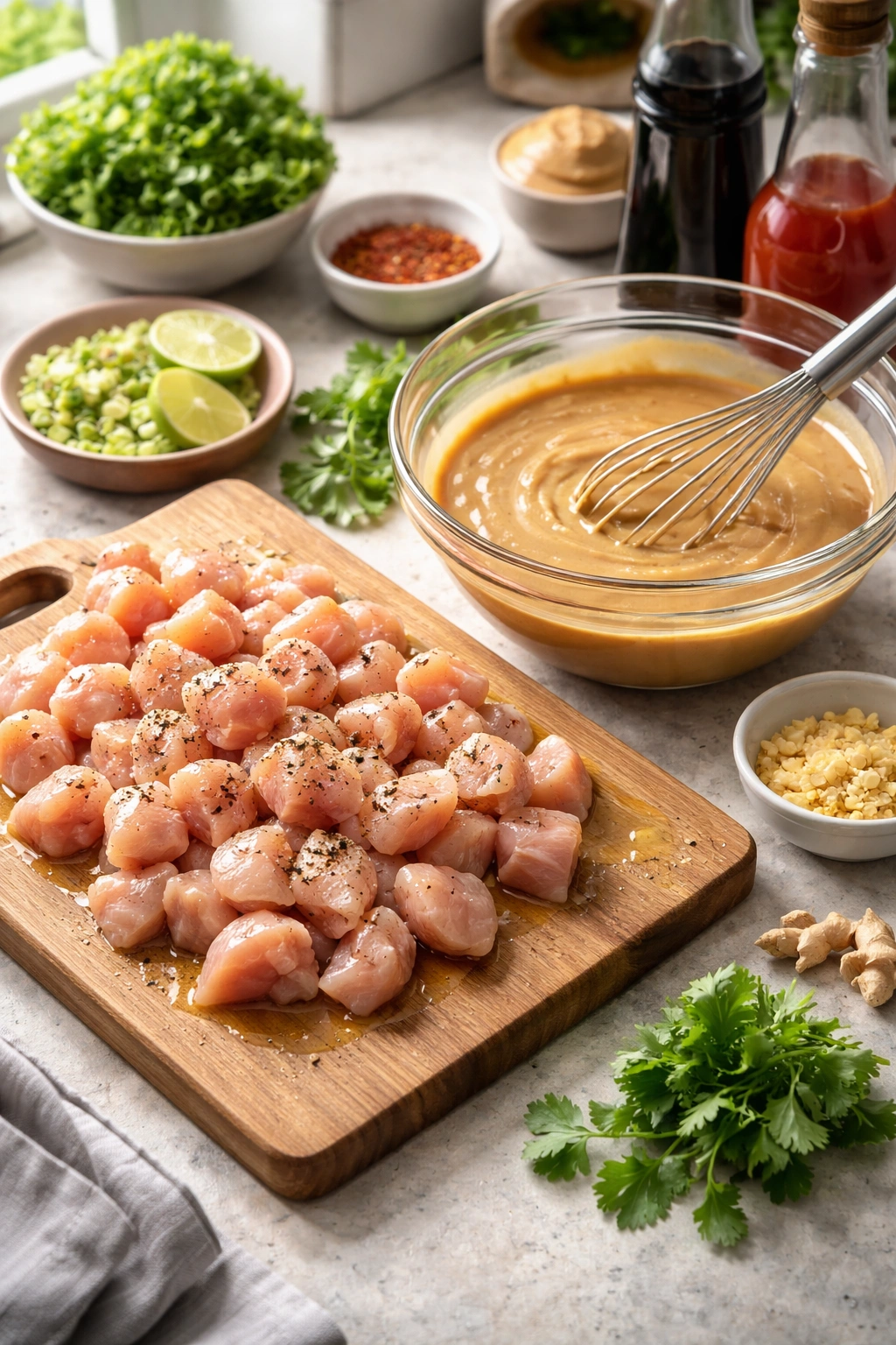 Chopped chicken and sauce components arranged for prep steps.