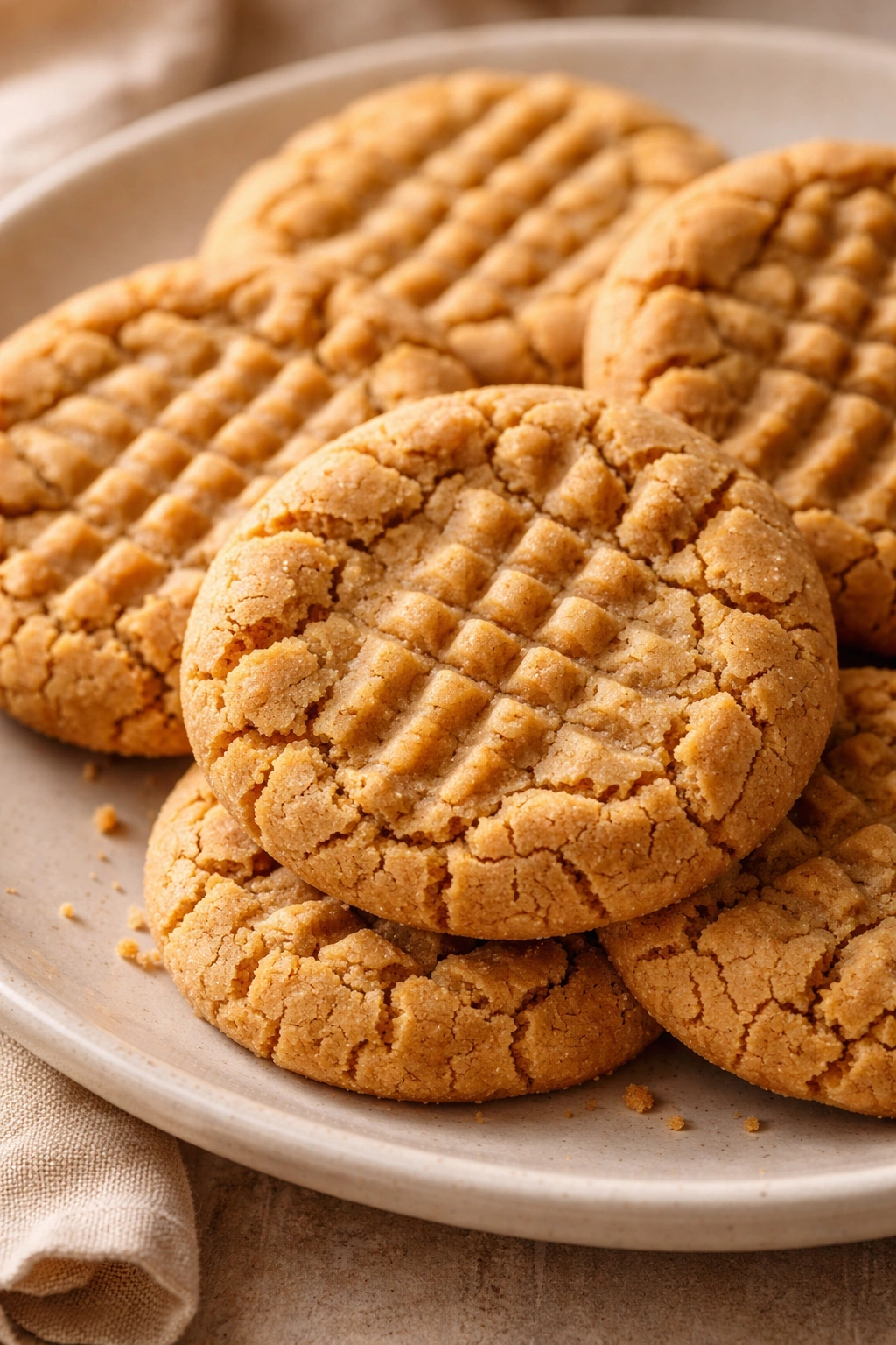 Peanut butter cookies with crosshatch crackle top on a neutral plate