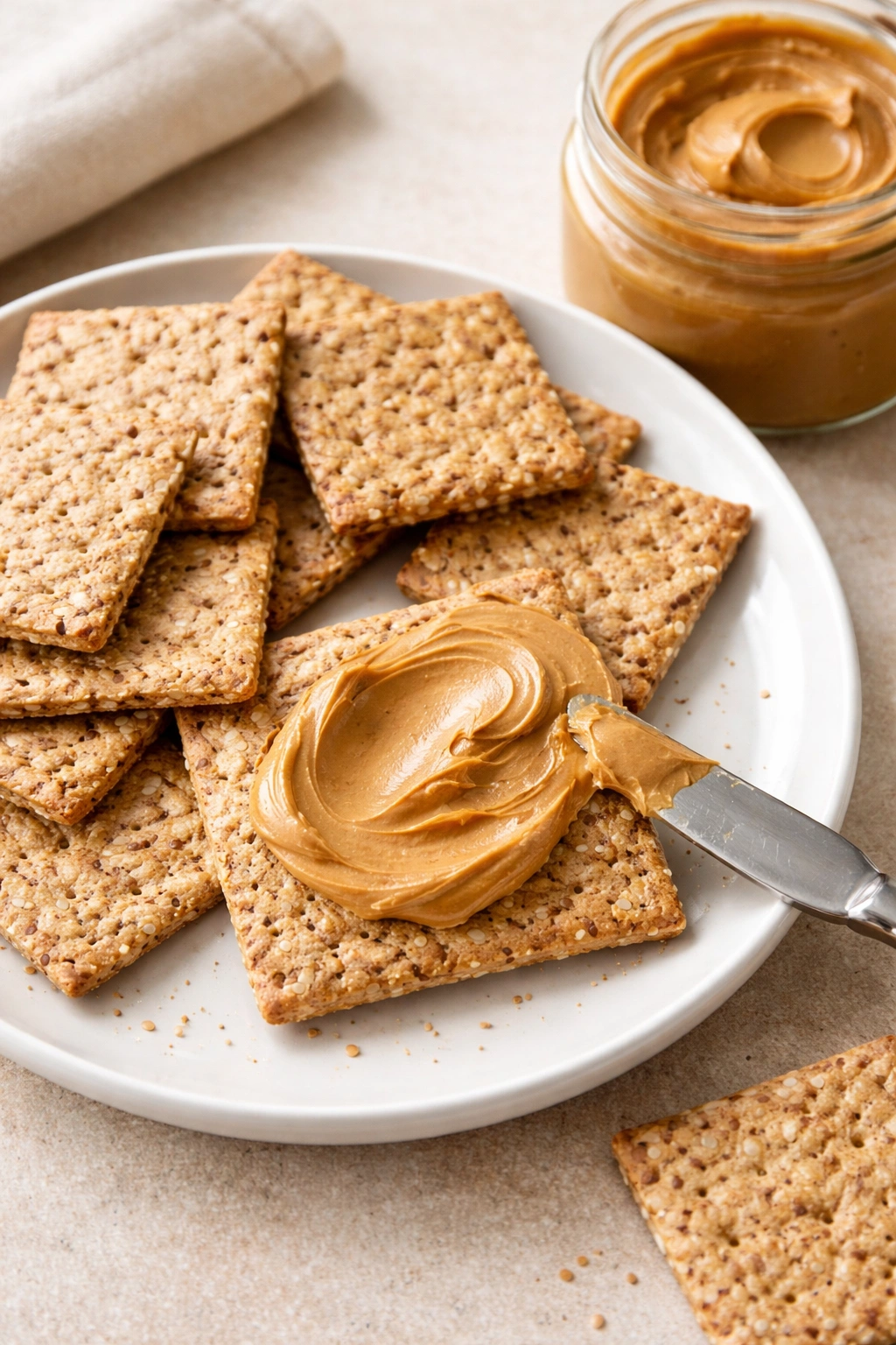 Crackers with peanut butter spread on top arranged on a plate