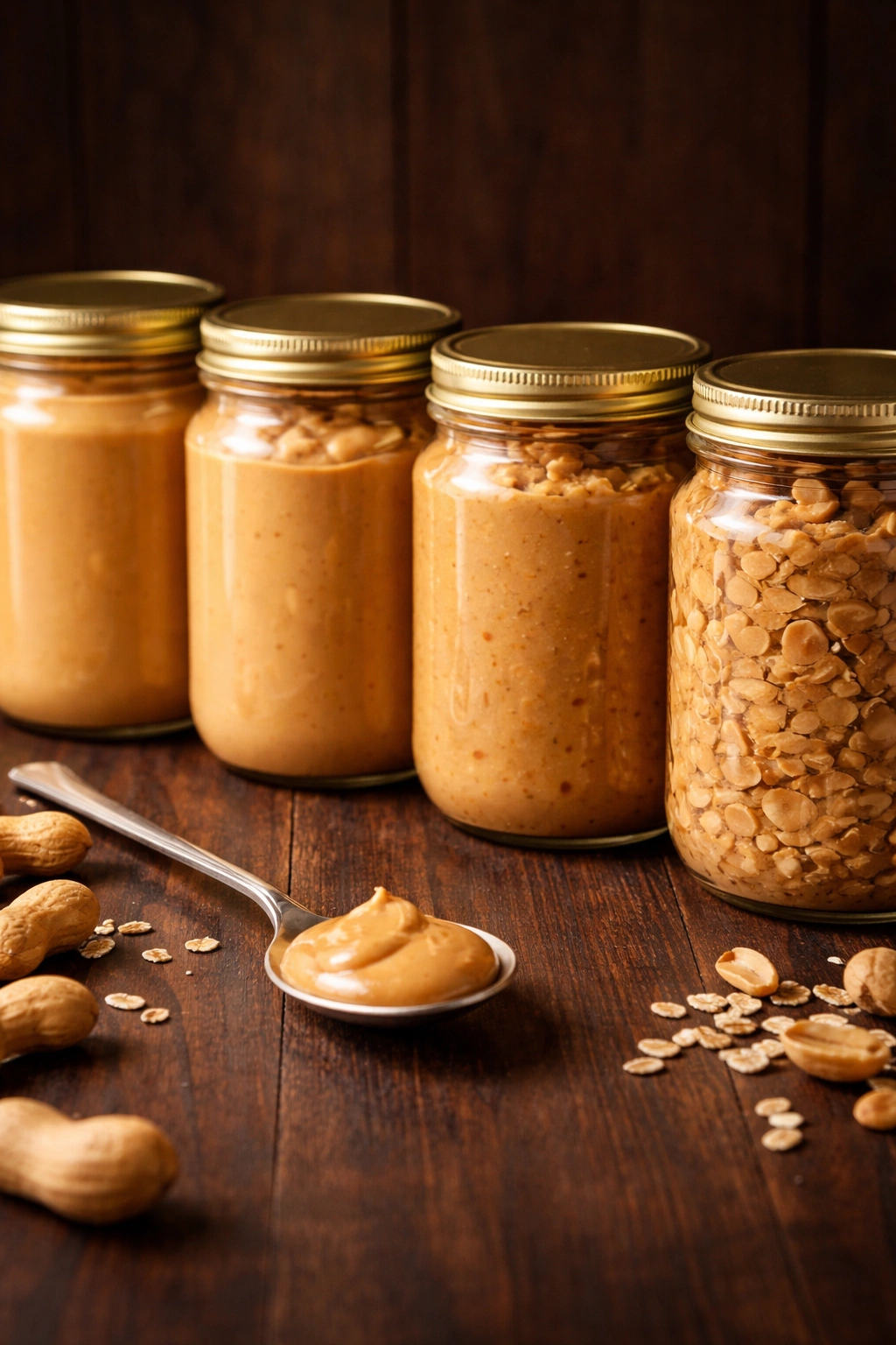 Peanut butter jars showing natural creamy crunchy textures