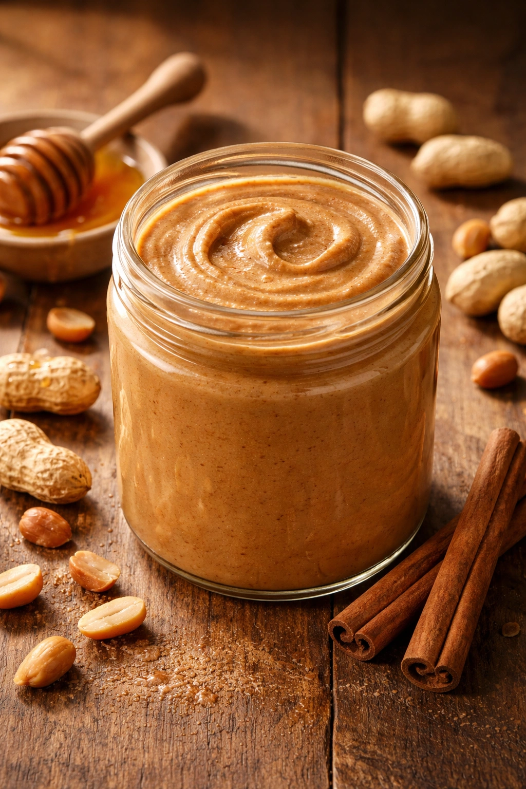 Creamy peanut butter in a glass jar on wood surface