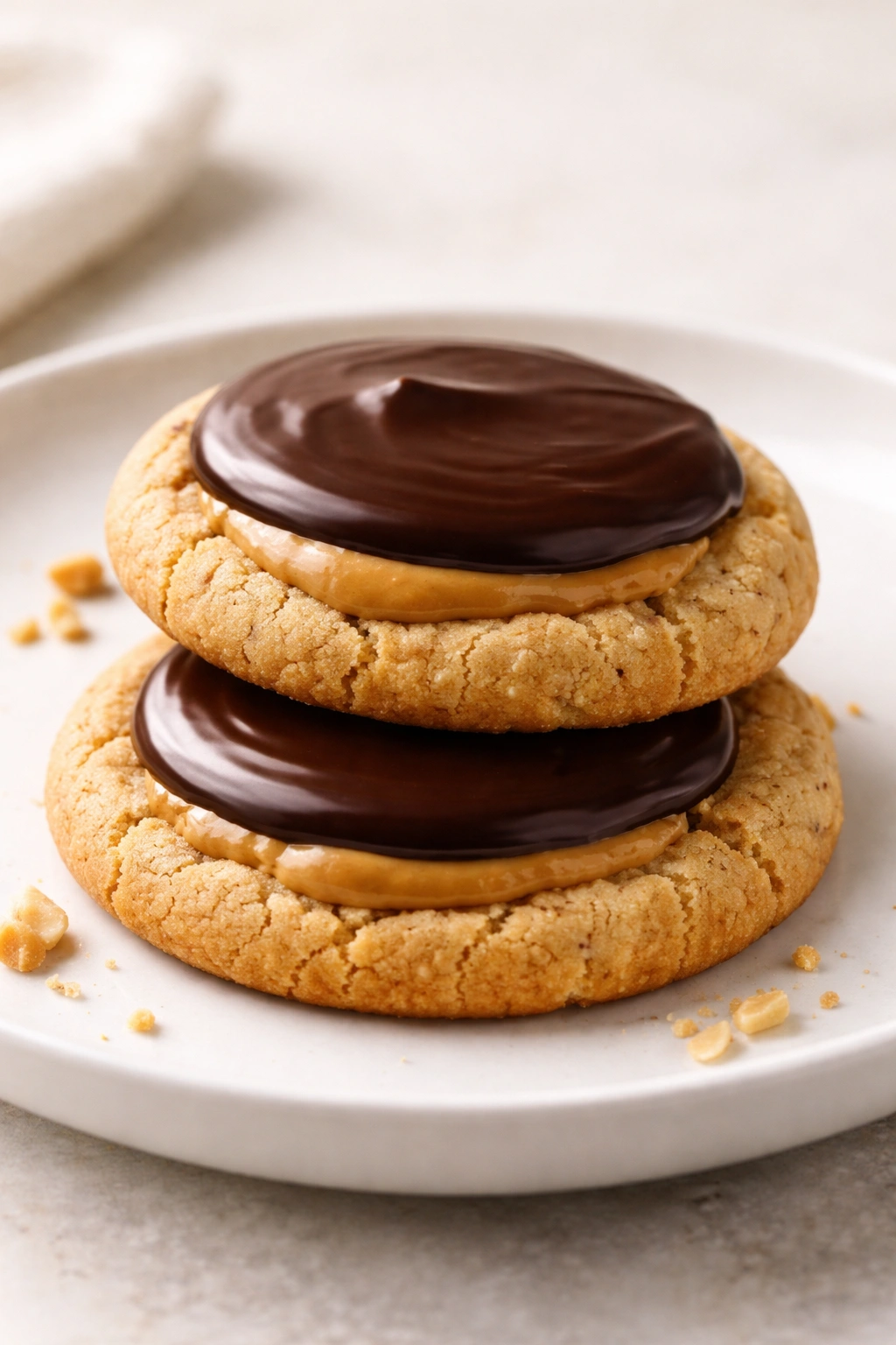 Two peanut butter cup cookies with chocolate coating on a plate