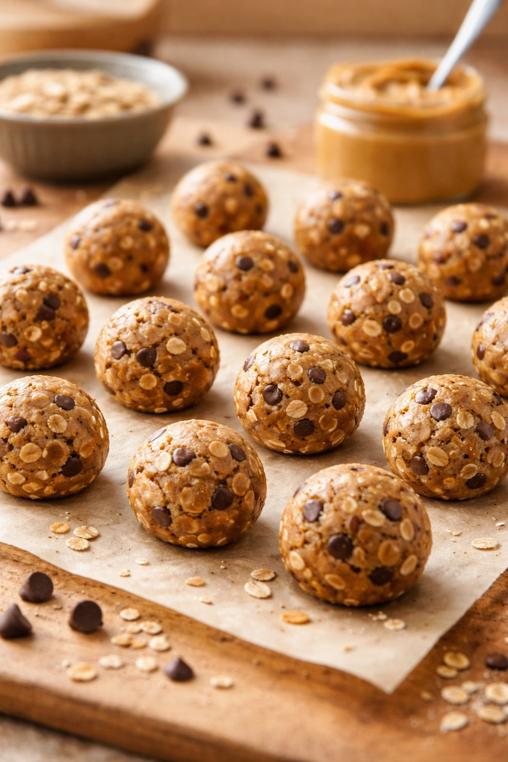 Round peanut butter energy balls arranged on parchment