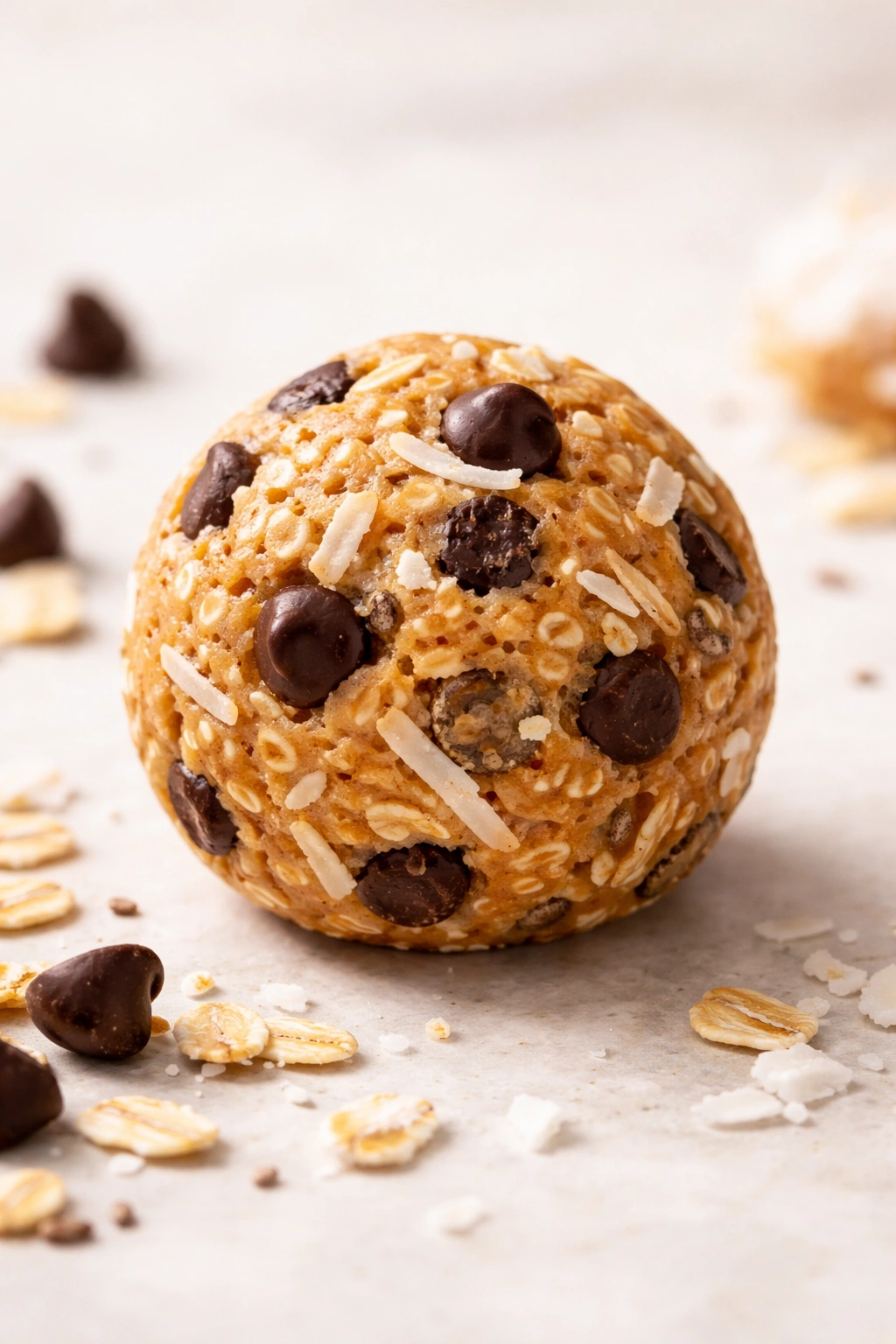 Energy ball with chocolate chips and coconut flakes showing flavor variations
