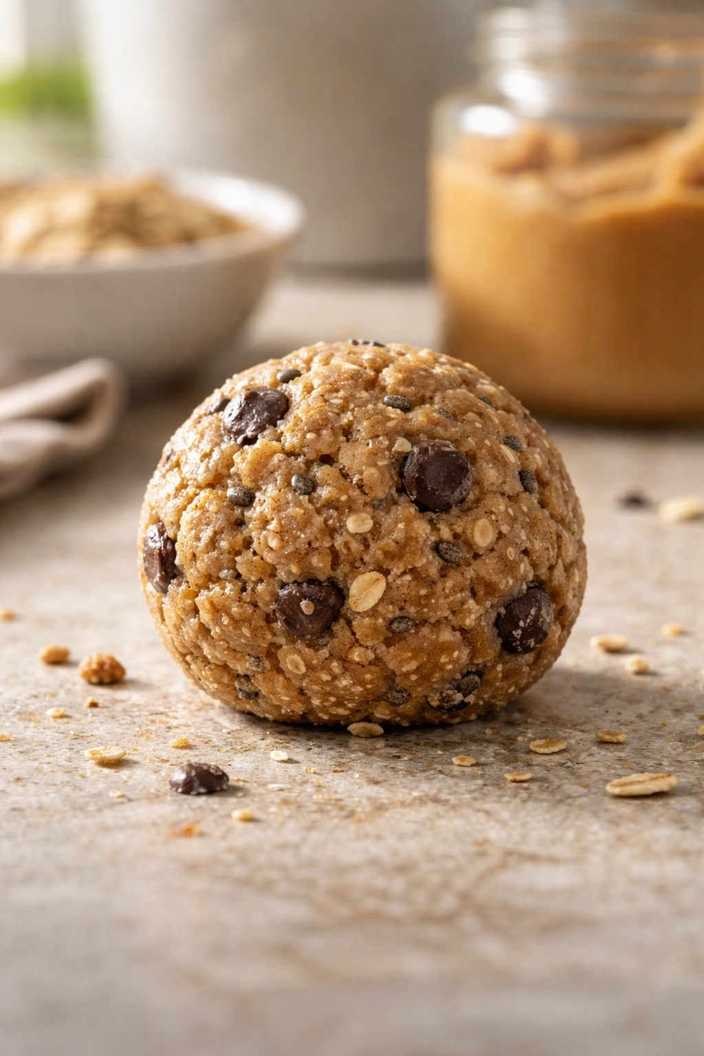 Close-up of an imperfect peanut butter energy ball showing lumps on a neutral surface